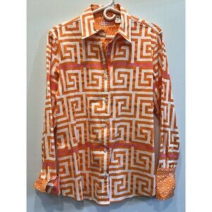 Tizzie Shirt Women L Orange Pink Geometric Print Button Down Long Sleeve Stretch